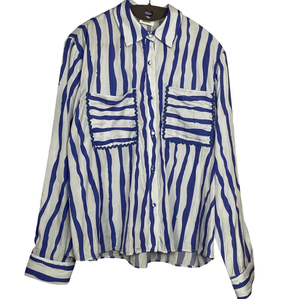aureum - Women’s Striped Button-up Blouse - Front Pockets - Long Sleeve - M?